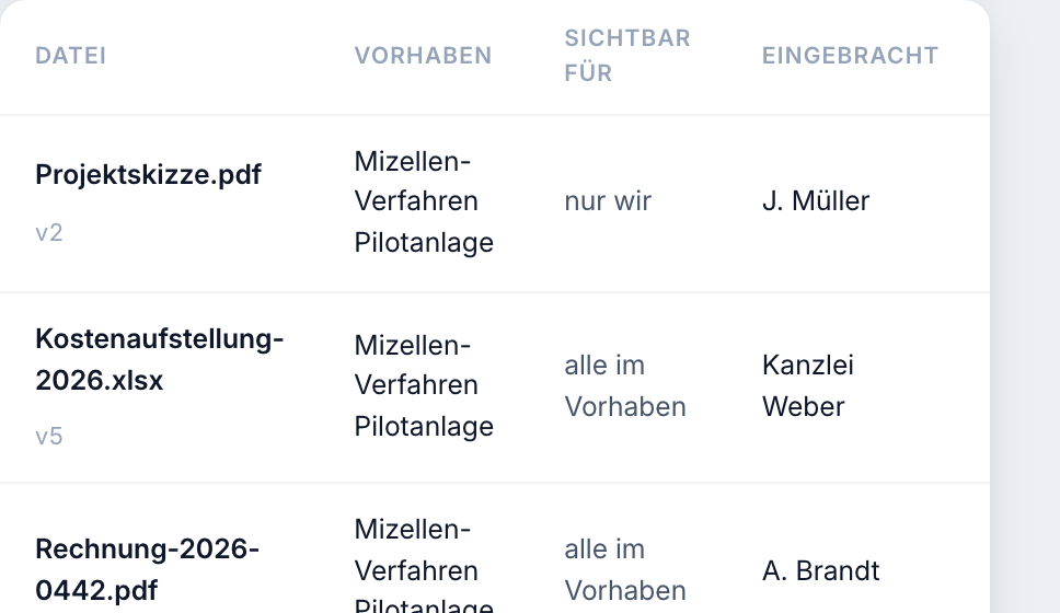 Table of a project's files with version, scope and status