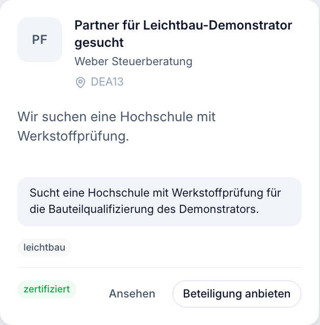 Catalogue card of a project looking for a partner