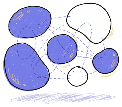 Illustration of shapes joined into a net by dashed lines