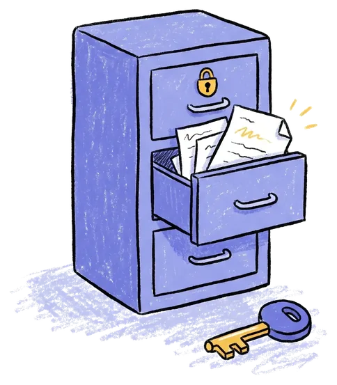Gezeichneter Aktenschrank mit halb offener Schublade und einem Schlüssel davor