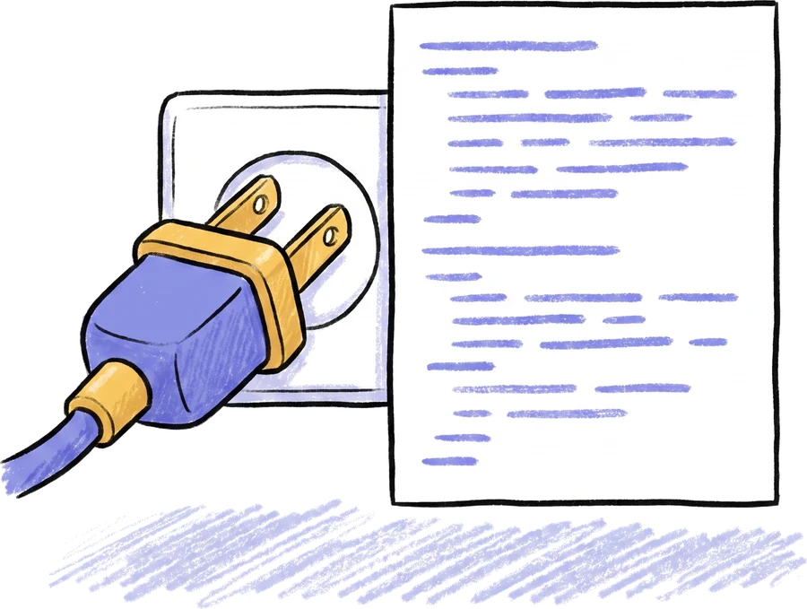 Illustration of a plug entering a socket, next to a sheet of code